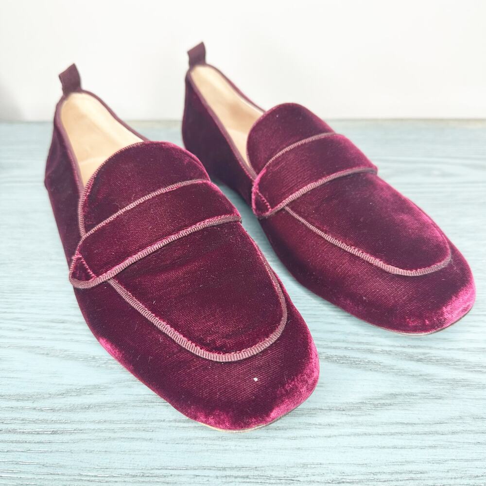 J Crew Women’s Red Merlot Velvet Loafers Slip On Size 8.5